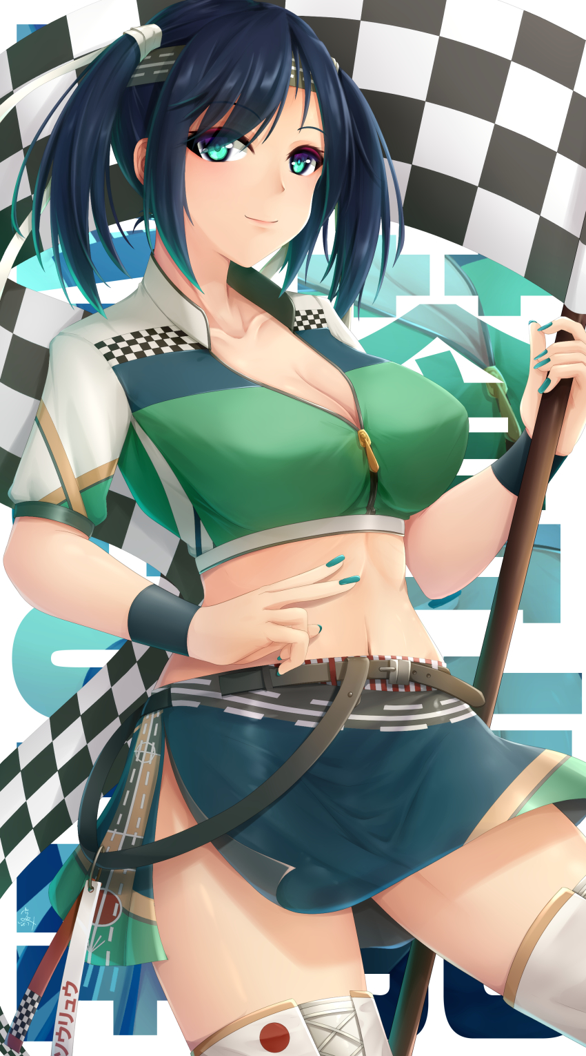 1girl absurdres blue_hair boots breasts cleavage crop_top flag green_eyes green_nails highres holding holding_flag kantai_collection looking_at_viewer midriff miniskirt pencil_skirt race_queen seiya_(iiseven) skirt smile solo souryuu_(kancolle) two_side_up white_boots zipper