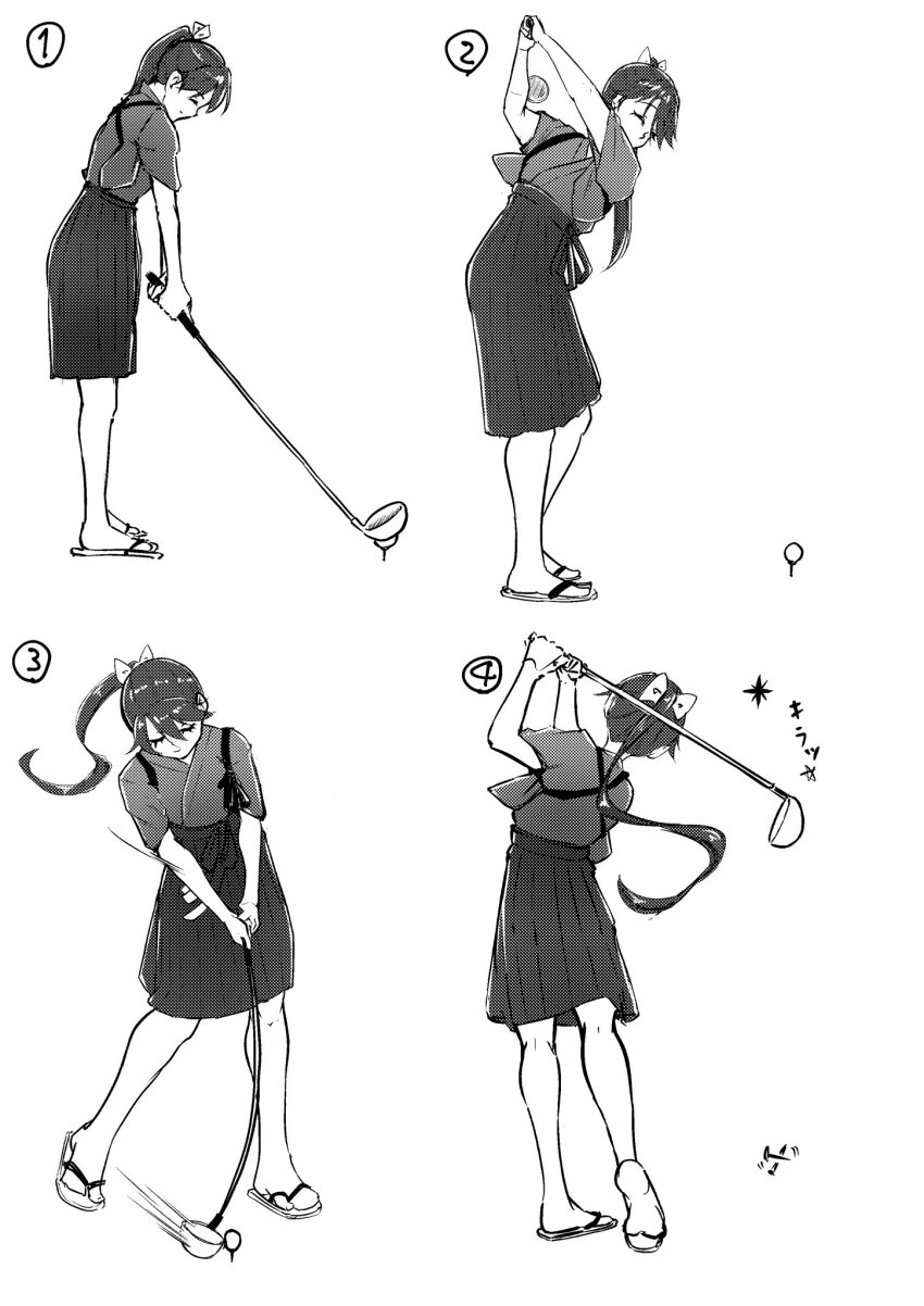 1girl ball commentary_request full_body golf golf_ball golf_club greyscale hakama hakama_skirt highres holding holding_golf_club houshou_(kancolle) japanese_clothes kantai_collection kimono long_hair monochrome multiple_views ponytail skirt swinging tadokoro_nurikabe tasuki translation_request