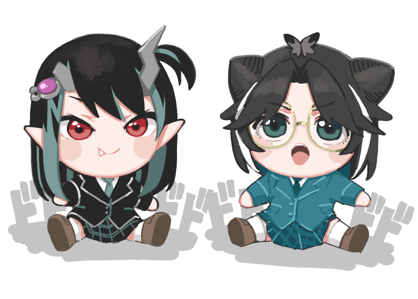 2girls alternate_costume black_hair black_jacket black_skirt blazer blue_hair blue_jacket blue_necktie blue_skirt chibi chibi_only closed_mouth commentary_request cone_hair_bun demon_girl demon_horns double_bun eye_hair_ornament fang fang_out full_body glasses grey_horns hair_bun highres horns jacket long_sleeves looking_at_viewer medium_hair multicolored_hair multiple_girls nanashi_inc. necktie one_side_up open_mouth oura_rukako panyatteria parted_bangs plaid_clothes plaid_skirt pointy_ears red_eyes round_eyewear shishio_chris short_hair simple_background sitting skirt skirt_set smile streaked_hair virtual_youtuber white_background white_hair yellow-framed_eyewear