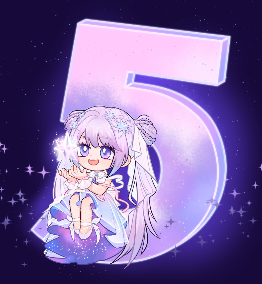 1girl absurdly_long_hair absurdres ankle_bow ankle_ribbon bare_shoulders beads bow bowtie braid chibi chinese_commentary commentary_request countdown_illustration dot_nose double_bun dress eyelashes eyeshadow frilled_wrist_cuffs frills glowing guides_of_star_(shining_nikki) hair_beads hair_bun hair_ornament happy heijin_liji highres invisible_chair light_blush light_particles long_dress long_hair looking_at_object makeup multiple_braids nikki_(series) object_floating_above_hand open_mouth pink_bow pink_eyeshadow purple_background purple_dress purple_eyes purple_hair ribbon second-party_source shining_nikki shoes sitting smile solo space_print sparkle star_(symbol) star_hair_ornament starry_sky_print strapless strapless_dress teeth twintails two-sided_dress two-sided_fabric upper_teeth_only veil very_long_hair white_bow white_bowtie white_shoes white_veil white_wrist_cuffs wrist_bow wrist_cuffs