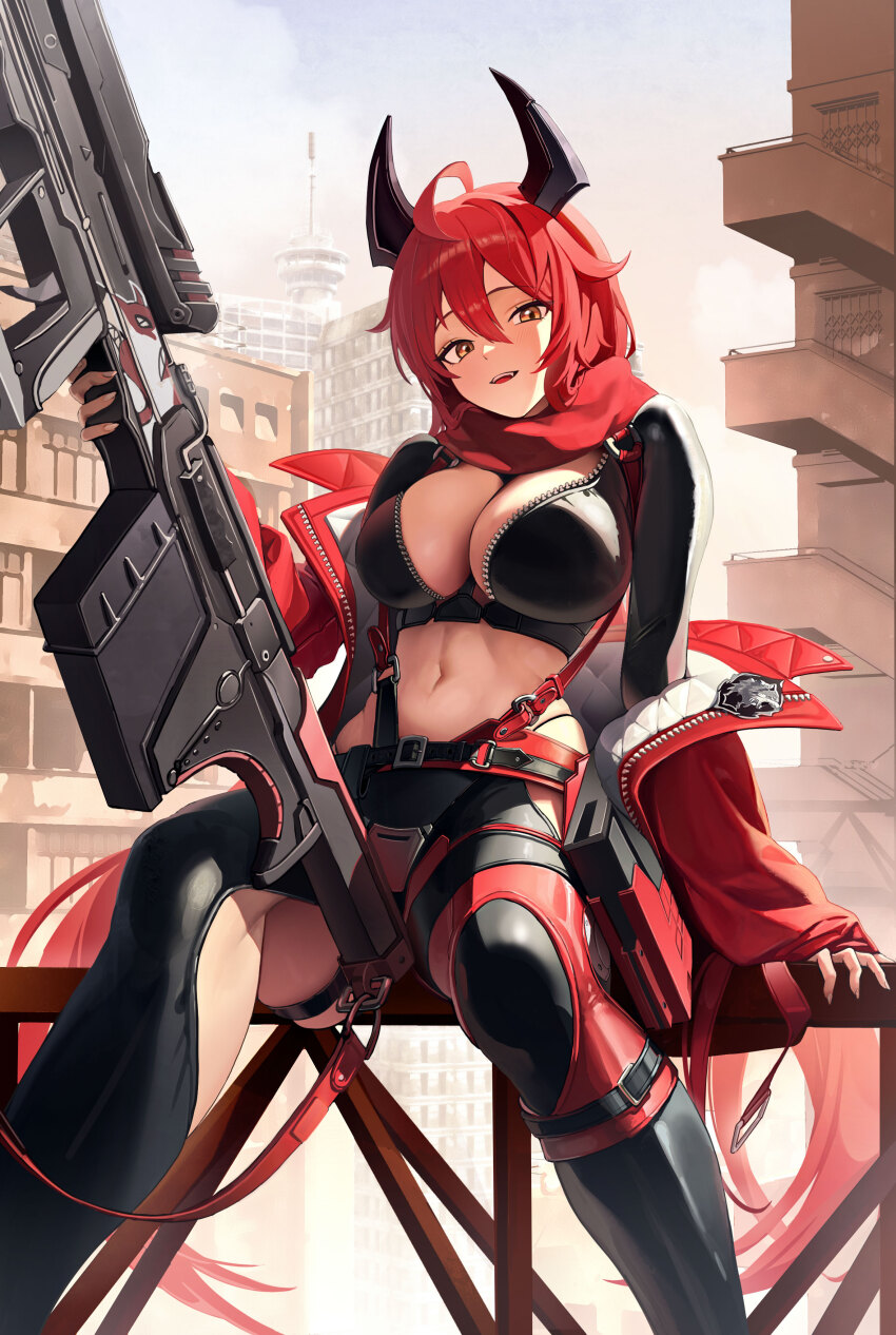 1girl absurdres antenna_hair anti-materiel_rifle arm_support barrett_m82a2 black_horns black_jacket black_pants breasts bullpup center_opening cleavage clothing_cutout commentary cropped_jacket goddess_of_victory:_nikke gun hair_between_eyes hallo_(rltkdydrltk) hashtag-only_commentary highres holding holding_gun holding_weapon horns jacket large_breasts latex_jacket leg_cutout long_hair looking_at_viewer mechanical_horns navel off_shoulder open_mouth orange_eyes pants red_hair red_hood_(nikke) red_jacket red_scarf rifle scarf sitting sniper_rifle solo stomach weapon weapon_request