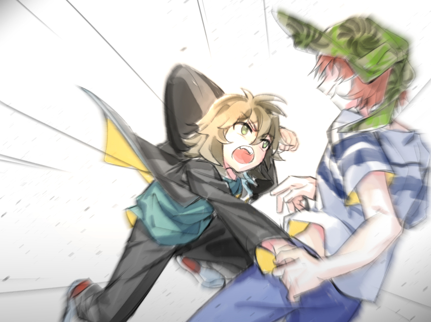 1boy 1girl annie_(saibou_shinkyoku) aqua_shirt black_jacket black_pants blue_pants brown_hair emphasis_lines fengtian_(artist) green_eyes grin isoi_reiji jacket male_focus medium_hair motion_blur open_clothes open_jacket open_mouth pants punching red_hair saibou_shinkyoku shirt short_hair short_sleeves smile t-shirt teeth two-sided_fabric two-sided_jacket two-sided_shirt upper_teeth_only white_shirt