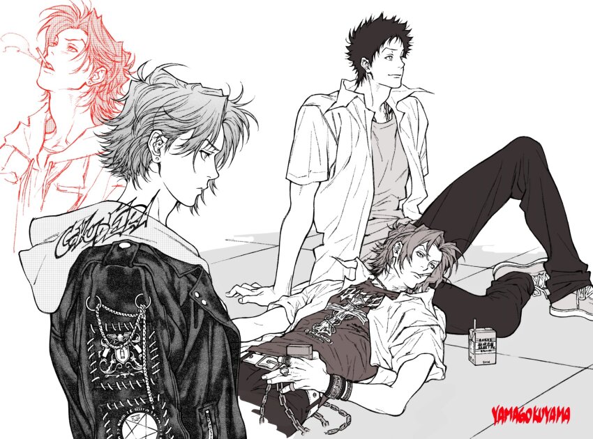 2boys arm_support belt chain_belt character_name cigarette cigarette_pack closed_mouth collared_shirt commentary_request drinking_straw gokudera_hayato hair_behind_ear hand_on_own_stomach highres holding holding_cigarette_pack hood hood_down hoodie jacket jewelry juice_box katekyo_hitman_reborn! knee_up lap_pillow leather leather_jacket looking_ahead lying multiple_boys multiple_views necklace on_back pants parted_bangs patch print_shirt shirt shoelaces shoes short_hair shoulder_patch sitting smile smoke smoke_trail smoking sneakers spot_color t-shirt umkaqryi yamamoto_takeshi