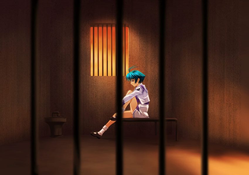 1girl 5pb. antenna_hair blue_hair bou_(inubou) female_focus game_cg green_hair leg_up muv-luv prison scenery school_uniform short_hair sitting skirt socks solo sunset window yoroi_mikoto