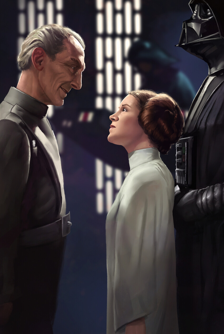 1girl 3boys absurdres balance_sheet blurry blurry_background brown_hair darth_vader depth_of_field donut_hair_bun dress from_side grand_moff_tarkin grey_hair grey_jacket hair_bun helmet highres indoors jacket looking_at_another military_uniform multiple_boys princess_leia short_hair star_wars star_wars:_a_new_hope white_dress