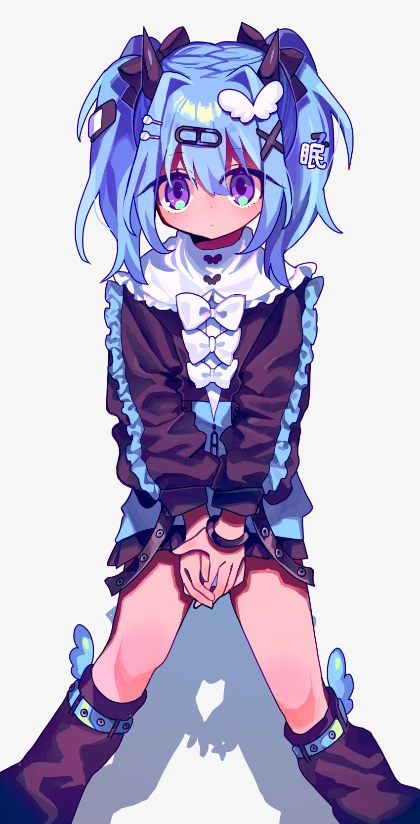 1girl absurdres bandaid bandaid_hair_ornament between_legs black_bow black_horns black_jacket black_skirt black_socks blue_hair blue_jacket bow bowtie bracelet closed_mouth drop_shadow expressionless feet_out_of_frame frilled_sleeves frills hair_between_eyes hair_bow hair_intakes hair_ornament hand_between_legs highres horns jacket jewelry long_sleeves looking_at_viewer loose_socks medium_hair microskirt multicolored_jacket original own_hands_together paperclip_hair_ornament partially_unzipped puffy_long_sleeves puffy_sleeves purple_eyes simple_background sitting skirt socks straight-on stylishtrash twintails two-tone_jacket v_arms white_background white_bow white_bowtie wing_hair_ornament x_hair_ornament