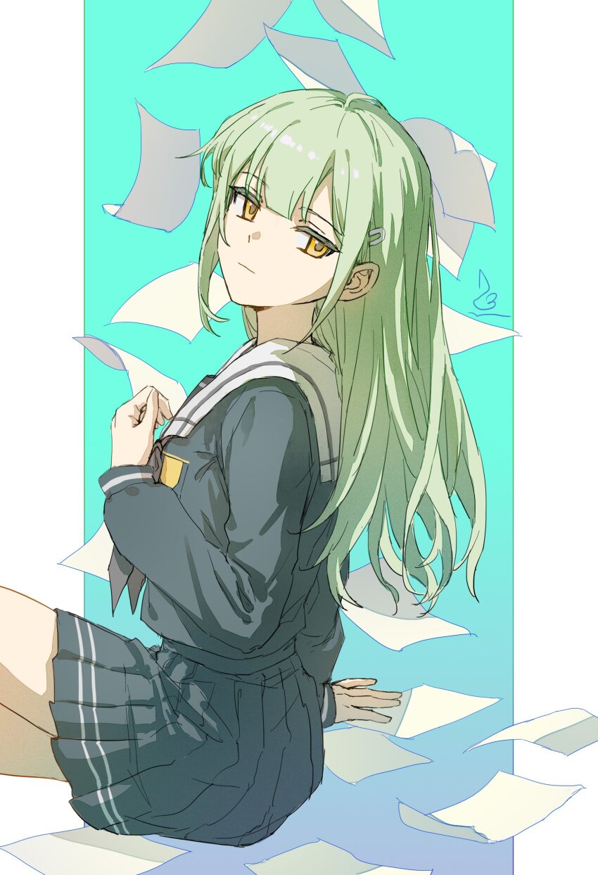 1girl absurdres aqua_background arm_at_side bang_dream! bang_dream!_it&#039;s_mygo!!!!! blue_background closed_mouth colored_eyelashes cowboy_shot curled_fingers expressionless falling_paper from_side gradient_background green_hair grey_neckerchief grey_serafuku hair_ornament hairclip hand_rest hand_up highres invisible_floor long_hair long_sleeves looking_back miniskirt neckerchief outside_border pillarboxed sailor_collar school_uniform serafuku sideways_glance signature sitting skirt solo tsukinomori_school_uniform wakaba_mutsumi white_sailor_collar winter_uniform yellow_eyes zx277x
