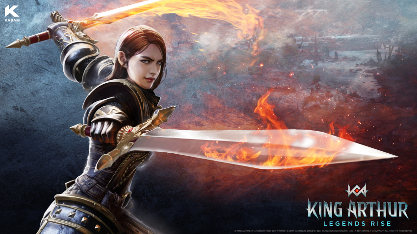 1girl absurdres armor armored_dress boobplate breastplate breasts clarisin_(king_arthur:_legends_rise) copyright_name dress dual_wielding fantasy full_armor gauntlets gloves glowing glowing_sword glowing_weapon greaves highres holding holding_sword holding_weapon king_arthur:_legends_rise knight makeup medieval official_art red_hair shoulder_armor solo sword weapon