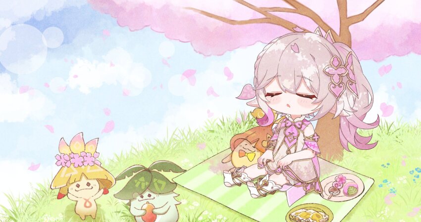 1girl alternate_color alternate_hair_color aranara_(genshin_impact) bare_shoulders blush candied_ajilenakh_nut_(genshin_impact) cherry_blossoms chibi closed_eyes commentary_request day detached_sleeves dress falling_petals genshin_impact gold_trim gradient_hair hair_between_eyes hair_ornament highres leaf_hair_ornament long_hair moco_(moco_8854) multicolored_hair nahida_(genshin_impact) outdoors petals pink_hair pink_sleeves pointy_ears side_ponytail sitting sleeveless sleeveless_dress solo stirrup_legwear toeless_legwear toes white_dress white_hair