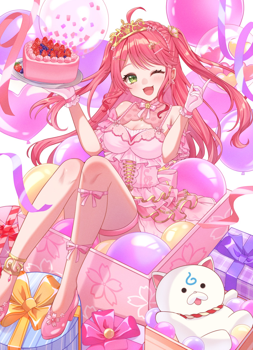 1girl 35p_(sakura_miko) ;d ahoge anklet balloon box braid breasts cake cleavage cleavage_cutout clothing_cutout commentary_request confetti crown_braid detached_sleeves dress flower food frilled_dress frilled_sleeves frills gift gift_box green_eyes hair_flower hair_ornament hairclip hand_up heart_balloon high_heels highres holding holding_cake holding_food hololive in_box in_container jewelry knees_together_feet_apart knees_up long_hair looking_at_viewer nametakeko official_alternate_costume official_alternate_hairstyle one_eye_closed open_mouth pink_dress pink_hair pink_shoes sakura_miko sakura_miko_(flower_fantasista!) shoes short_sleeves single_sidelock sitting smile solo thigh_strap tiara tilted_headwear two_side_up very_long_hair virtual_youtuber