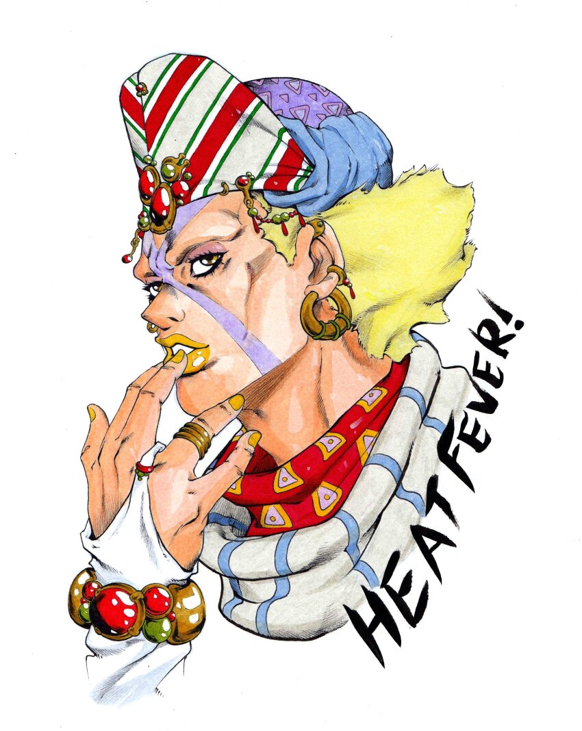 1boy absurdres araki_hirohiko_(style) battle_tendency blonde_hair bracelet bridal_gauntlets earrings esidisi facial_mark hat highres jewelry jojo_no_kimyou_na_bouken kingkuma404 ring scarf striped_clothes striped_scarf traditional_media upper_body white_background white_bridal_gauntlets