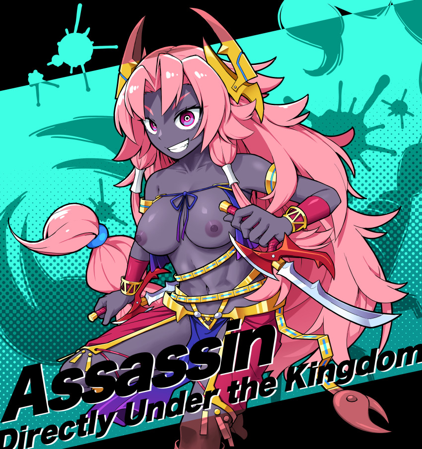 1girl absurdres barefoot blue_background breasts character_name colored_skin commentary_request commission curtained_hair dual_wielding foot_out_of_frame gold grin hair_tubes headgear highres holding large_breasts long_hair looking_at_viewer navel nipples original pelvic_curtain pink_hair purple_eyes purple_skin reverse_grip sidelocks skeb_commission smile solidus_(sword_cube) solo topless_female very_long_hair