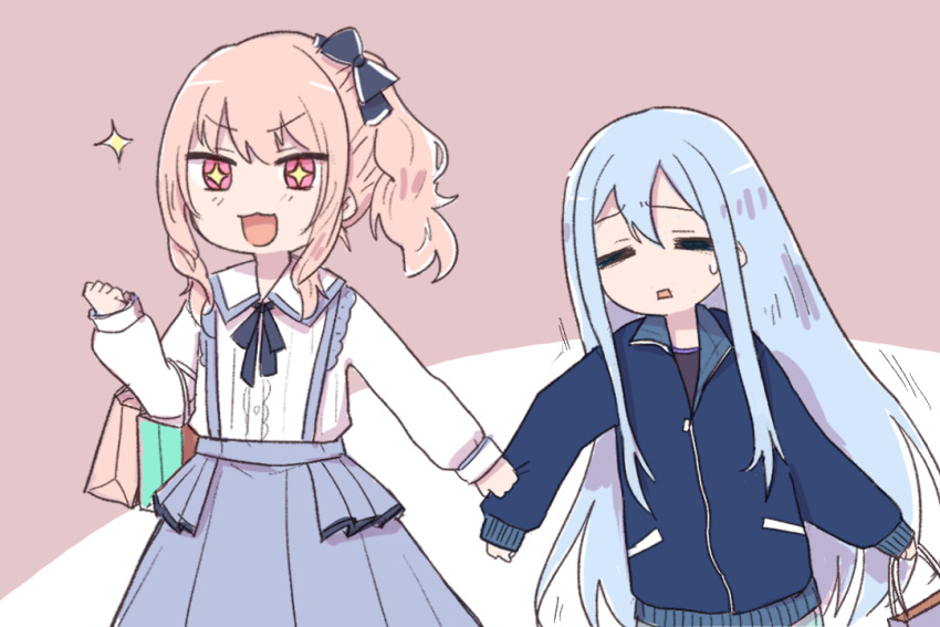 +_+ 132_(bb32768) 1girl 1other akiyama_mizuki bag blue_hair clenched_hand closed_eyes commentary double-parted_bangs elbow_carry hand_up holding holding_bag jacket long_hair long_sleeves open_mouth pink_eyes pink_hair project_sekai shopping_bag side_ponytail star_(symbol) track_jacket upper_body very_long_hair yoisaki_kanade zipper zipper_pull_tab