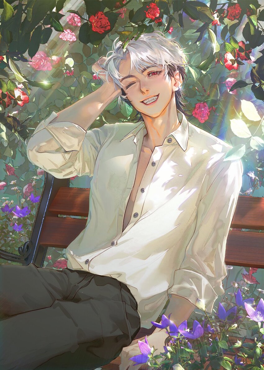 1boy black_pants bt_6924 eunho_(plave) flower hand_in_own_hair highres k-pop korean_commentary light_rays long_sleeves looking_at_viewer male_focus on_bench one_eye_closed pants parted_bangs partially_unbuttoned plave purple_flower red_eyes red_flower shirt short_hair smile solo unbuttoned unbuttoned_shirt white_hair white_shirt