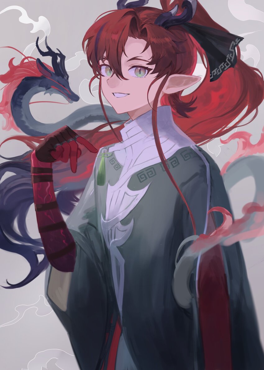 1boy absurdres arknights chinese_clothes colored_skin commentary_request dragon dragon_boy dragon_horns dragon_tail eastern_dragon green_eyes grey_background grin hair_between_eyes hand_up highres horns long_hair looking_at_viewer male_focus parted_lips pointy_ears ponytail red_hair red_skin scales simple_background smile solo tail upper_body wide_sleeves yomotobi yu_(arknights)