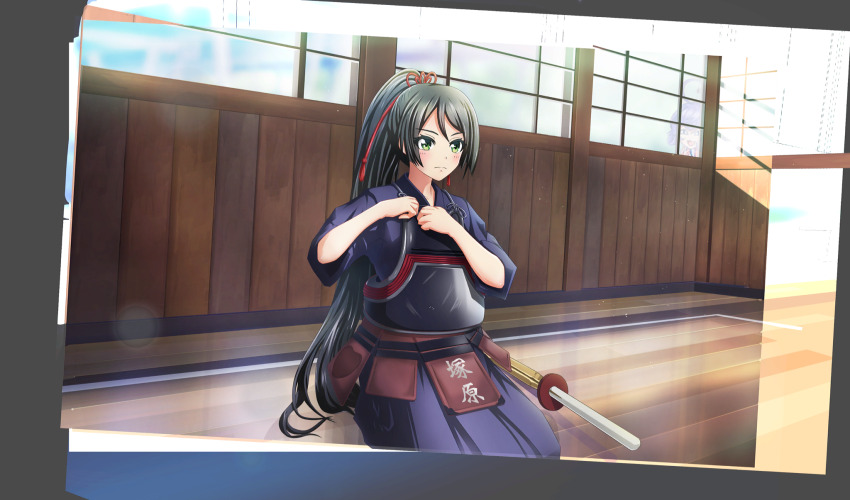 2girls ahoge asada_aoi black_hair blue_hakama bougu cinderella_series closed_mouth dojo film_grain game_cg green_eyes hachigatsu_no_cinderella_nine hair_ribbon hakama hakama_skirt high_ponytail highres indoors japanese_clothes kendo lens_flare light_particles long_hair multiple_girls non-web_source official_art ponytail purple_hair red_ribbon ribbon seiza shinai sitting skirt solo_focus sword tsukahara_shizuku weapon wooden_floor