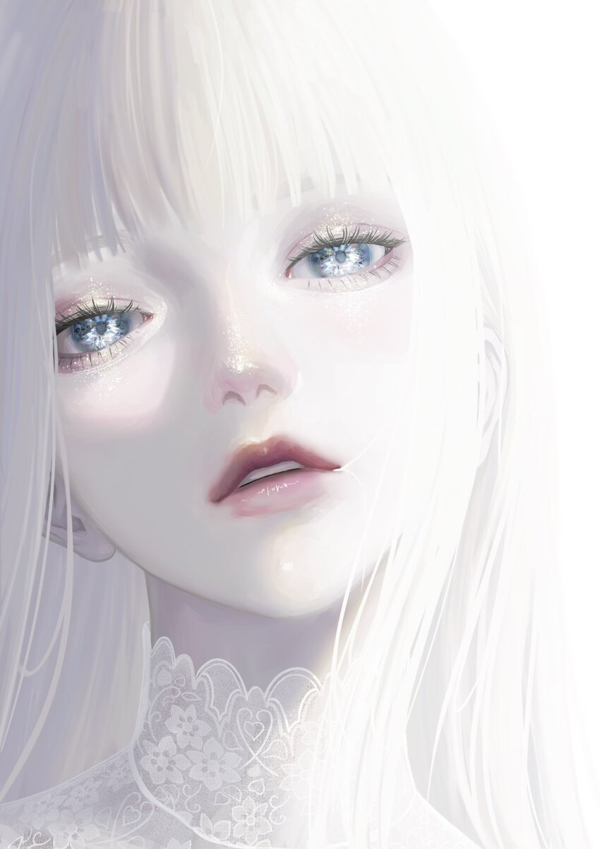 1girl 2024 aoi_machi highres long_hair looking_at_viewer open_mouth original pale_skin pink_lips solo white_background white_hair