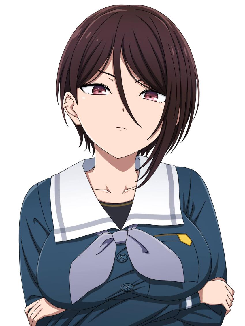 1girl bang_dream! blue_shirt breasts brown_hair closed_mouth collar commentary crossed_arms grey_neckerchief hair_between_eyes highres large_breasts long_hair_between_eyes looking_at_viewer neckerchief noshimurin purple_eyes school_uniform shirt short_hair simple_background solo tsukinomori_school_uniform white_background yashio_rui