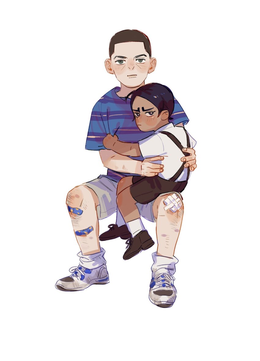 2boys aged_down ankle_socks bandaid bandaid_on_knee bandaid_on_leg black_eyes black_hair blue_shirt bright_pupils brown_footwear brown_hair brown_shorts bruise chengongzi123 child closed_mouth dark-skinned_male dark_skin gauze_on_knee golden_kamuy green_eyes grey_shorts hands_up highres injury invisible_chair koito_otonoshin looking_at_viewer looking_back male_focus multiple_boys shirt shoes short_hair short_sleeves shorts simple_background sitting sitting_on_lap sitting_on_person sneakers socks striped_clothes striped_shirt suspender_shorts suspenders t-shirt tsukishima_hajime very_short_hair white_background white_footwear white_socks