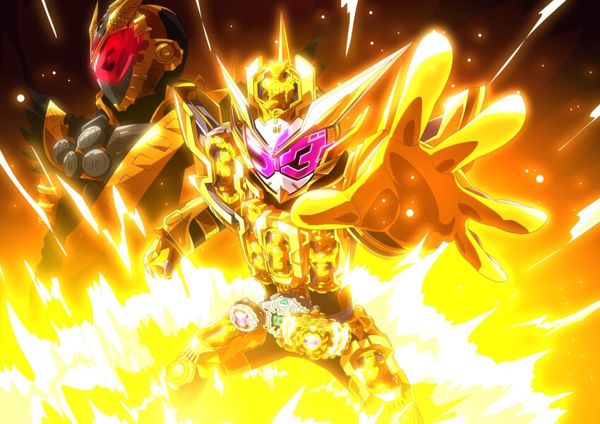 2018 2019 2boys alternate_costume apocalypse arm_up armor aura back-to-back belt black_armor black_footwear black_gloves blue_sky bodysuit boots clenched_hand clock clock_hands commentary_request compound_eyes cowboy_shot dated rider_belt gloves glowing glowing_eyes gold_armor gold_trim grand_zi-o_rider_watch helmet highres horns imminent_fight kamen_rider kamen_rider_555 kamen_rider_agito kamen_rider_agito_(series) kamen_rider_blade kamen_rider_blade_(series) kamen_rider_build kamen_rider_build_(series) kamen_rider_dcd kamen_rider_decade kamen_rider_den-o kamen_rider_den-o_(series) kamen_rider_double kamen_rider_drive kamen_rider_drive_(series) kamen_rider_ex-aid kamen_rider_ex-aid_(series) kamen_rider_faiz kamen_rider_fourze kamen_rider_fourze_(series) kamen_rider_gaim kamen_rider_gaim_(series) kamen_rider_ghost kamen_rider_ghost_(series) kamen_rider_grand_zi-o kamen_rider_hibiki kamen_rider_hibiki_(series) kamen_rider_kabuto kamen_rider_kabuto_(series) kamen_rider_kiva kamen_rider_kiva_(series) kamen_rider_kuuga kamen_rider_kuuga_(series) kamen_rider_ooo kamen_rider_ooo_(series) kamen_rider_ryuki kamen_rider_ryuki_(series) kamen_rider_w kamen_rider_wizard kamen_rider_wizard_(series) kamen_rider_zi-o kamen_rider_zi-o_(series) kamen_rider_zi-o_ouma kamen_rider_zi-o_the_movie:over_quartzer kuuga_riderwatch loincloth long_coat male_focus metal multiple_boys official_alternate_costume open_hand otokamu ouma_zi-o ouma_zi-o_rider_watch pink_eyes powering_up red_eyes rider_belt rider_watch saikyo_zikan_girade shoulder_armor single_horn sky spotlight standing summoning sword throne time_paradox time_travel tokusatsu trait_connection type_tridoron vest waistcoat weapon ziku_driver