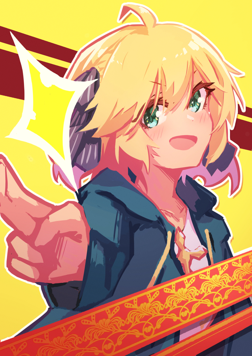 1girl absurdres ahoge anisphia_wynn_palettia blonde_hair blush cross green_eyes highres hood hood_down jacket jewelry long_sleeves looking_at_viewer medium_hair necklace open_clothes open_mouth outline ribbon rnna shirt short_hair smile solo tensei_oujo_to_tensai_reijou_no_mahou_kakumei upper_body v white_outline white_shirt yellow_background