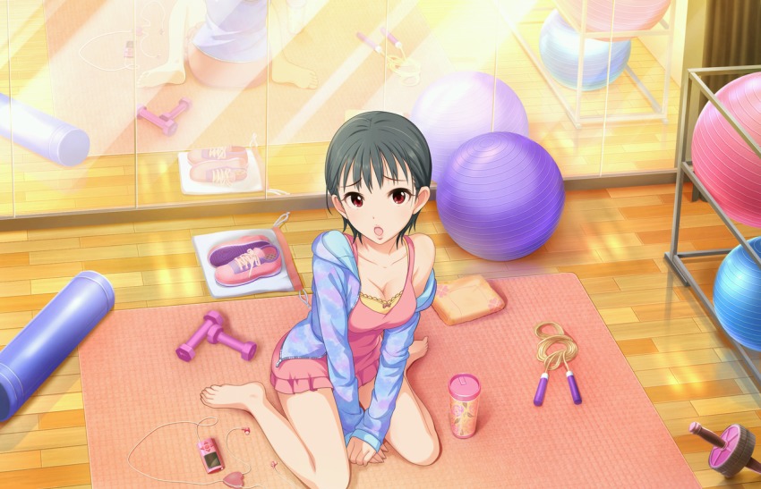 10s 1girl :o artist_request bag ball ball_rack bare_legs bare_shoulders barefoot between_legs blue_jacket bow breasts breasts_squeezed_together cleavage clover_print collarbone cup digital_media_player drawstring drawstring_bag dress dutch_angle earbuds earphones earphones_removed exercise_ball exercise_wheel exercising eyelashes eyes_visible_through_hair feet female_focus floral_print frilled_dress frills from_above green_hair hand_between_legs heart hood hooded_jacket idolmaster idolmaster_cinderella_girls idolmaster_cinderella_girls_starlight_stage indoors jacket jump_rope lace lace_trim lips long_sleeves looking_at_viewer looking_up matsubara_saya medium_breasts mirror multicolored_shoes off_shoulder official_art open_clothes open_jacket open_mouth pink_bow pink_dress pink_shoes print_jacket print_towel purple_shoes raised_eyebrows red_eyes reflection shoes short_dress short_hair sitting sleeveless sleeveless_dress sleeves_past_wrists sneakers solo thermos toe_scrunch toes towel unworn_shoes unzipped v_arms wariza weights wooden_floor