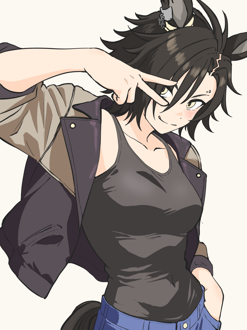 1girl absurdres air_shakur_(umamusume) alternate_costume animal_ears black_hair blush breasts closed_mouth collarbone commentary_request covered_navel cowboy_shot ear_ornament eyebrow_piercing grey_jacket hair_between_eyes hand_in_pocket highres horse_ears horse_girl horse_tail ichimisan jacket long_hair long_sleeves looking_at_viewer medium_breasts open_clothes open_jacket partial_commentary piercing simple_background smile solo tail umamusume v v_over_eye white_background yellow_eyes