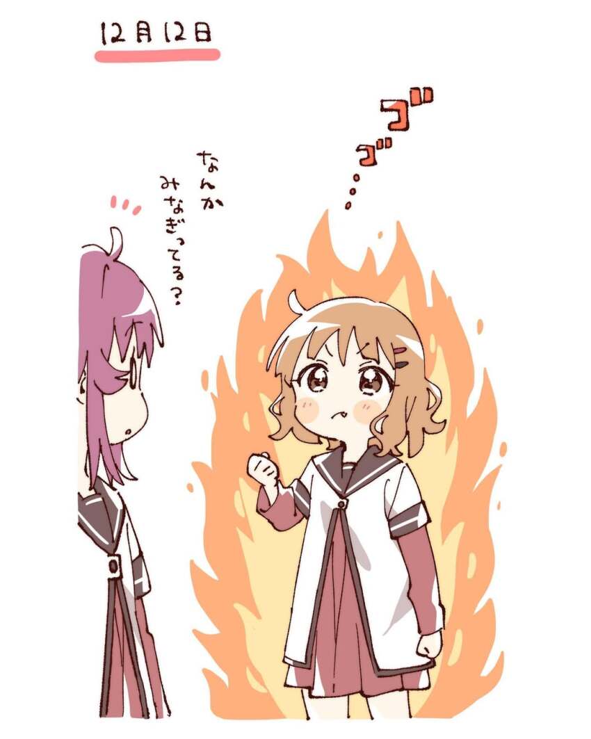 2girls brown_eyes brown_hair brown_sailor_collar clenched_hand closed_mouth commentary_request cropped_legs dress fang fang_out fire frown hair_ornament hairclip hand_up highres layered_sleeves long_sleeves looking_at_another multiple_girls namori nanamori_school_uniform notice_lines oomuro_sakurako parted_lips purple_hair red_dress sailor_collar school_uniform shirt short_hair short_over_long_sleeves short_sleeves simple_background sugiura_ayano translation_request v-shaped_eyebrows white_background white_shirt yuru_yuri