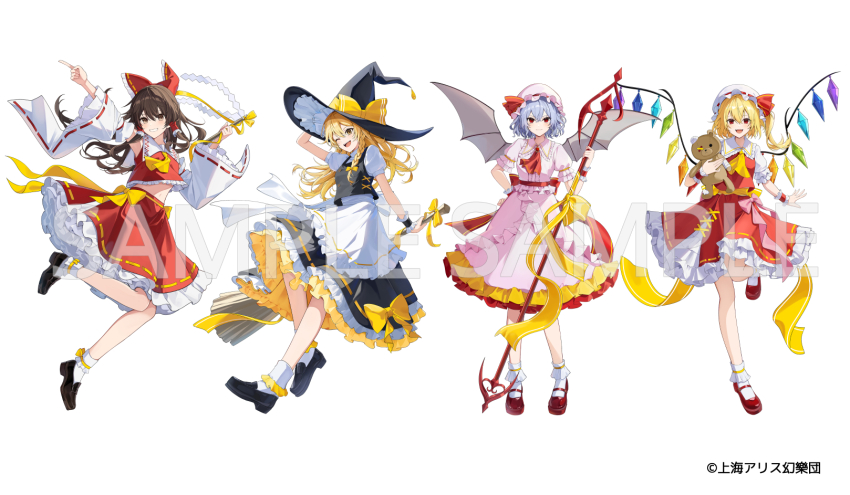4girls apron ascot bat_wings black_hat black_shoes black_skirt black_vest blonde_hair blue_hair bow braid brooch broom broom_riding brown_hair collared_shirt commentary_request copyright_notice crystal crystal_wings detached_sleeves embellished_costume flandre_scarlet frilled_bow frilled_hair_tubes frilled_shirt_collar frilled_skirt frills gohei grin hair_bow hair_tubes hakurei_reimu hat hat_bow hat_ribbon highres holding holding_gohei holding_polearm holding_weapon jewelry kirisame_marisa leg_up long_hair looking_at_viewer mary_janes miyanami_3 mob_cap multicolored_wings multiple_girls one_eye_closed one_side_up open_mouth pink_hat pink_shirt pink_skirt polearm puffy_short_sleeves puffy_sleeves red_ascot red_bow red_eyes red_shoes red_skirt red_vest remilia_scarlet ribbon ribbon-trimmed_skirt ribbon-trimmed_sleeves ribbon_trim sample_watermark shirt shoes short_sleeves siblings side_braid simple_background single_braid sisters skirt skirt_set smile socks spear_the_gungnir touhou vest waist_apron watermark weapon white_background white_hat white_shirt white_socks wings witch_hat wrist_cuffs yellow_ascot yellow_bow yellow_eyes