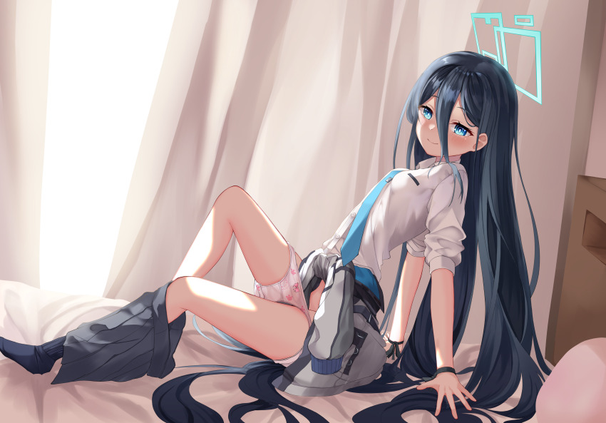 1girl absurdres adapted_costume alternate_hairstyle aqua_halo aris_(blue_archive) arm_support black_hair black_socks blue_archive blue_eyes blue_necktie blush bow bow_panties bright_pupils closed_mouth clothes_around_waist collared_shirt commentary curtains double-parted_bangs from_side full_body gyaru hair_between_eyes hair_down hair_over_shoulder hair_spread_out halo highres indoors knees_up leaning_back long_hair long_hair_between_eyes long_sleeves looking_at_viewer necktie no_shoes on_bed panties panty_pull paw_print pink_bow print_panties rectangular_halo ringed_eyes school_uniform shirt sitting skirt skirt_around_one_leg sleeves_rolled_up smile socks solo straight_hair thighs underwear very_long_hair white_panties white_pupils white_shirt yoowaru