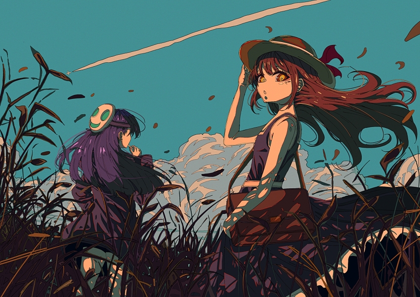 2girls aircraft airplane artdroiiid_ii bag black_shorts blue_sky brown_bag brown_hair brown_hat cigarette cloud commentary contrail day dress english_commentary falling_leaves feet_out_of_frame floating_clothes floating_hair frilled_dress frills from_behind from_side hand_up hat hat_ribbon helmet highres holding holding_cigarette jacket leaf long_hair long_sleeves looking_at_viewer mask mask_on_head multiple_girls original outdoors parted_lips pith_helmet purple_dress purple_hair purple_jacket red_ribbon reeds ribbon scenery shadow short_shorts shorts shoulder_bag sidelocks sky sleeveless sleeveless_dress standing straight_hair sunlight turning_head very_long_hair yellow_eyes