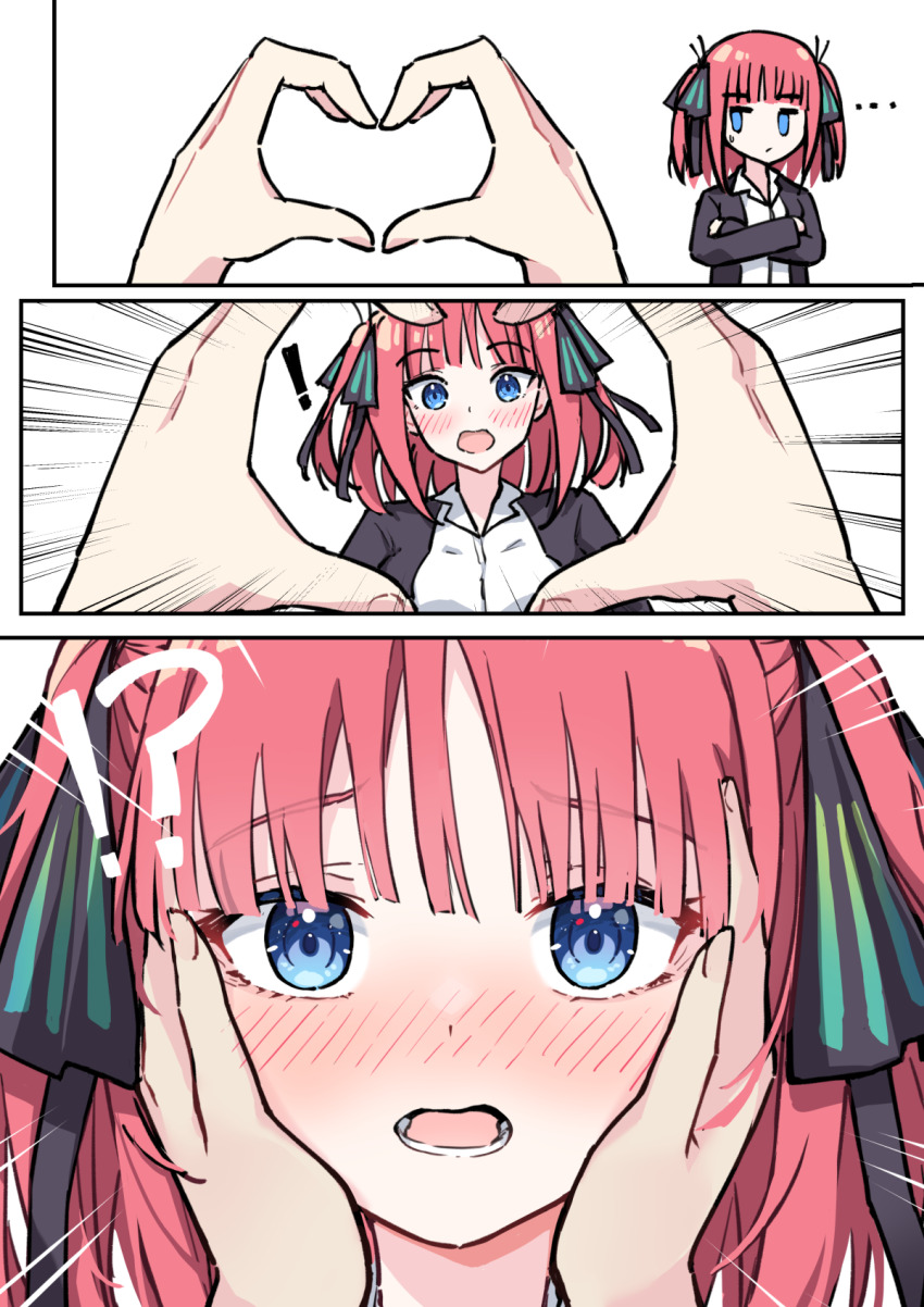 ! !? ... 1girl black_jacket black_ribbon blue_eyes blush collared_shirt comic go-toubun_no_hanayome hair_ribbon hands_on_another&#039;s_cheeks hands_on_another&#039;s_face heart heart_hands highres jacket looking_at_viewer lower_teeth_only medium_hair nakano_nino open_clothes open_jacket portrait profnote red_hair ribbon shirt snoot_challenge teeth tongue white_shirt