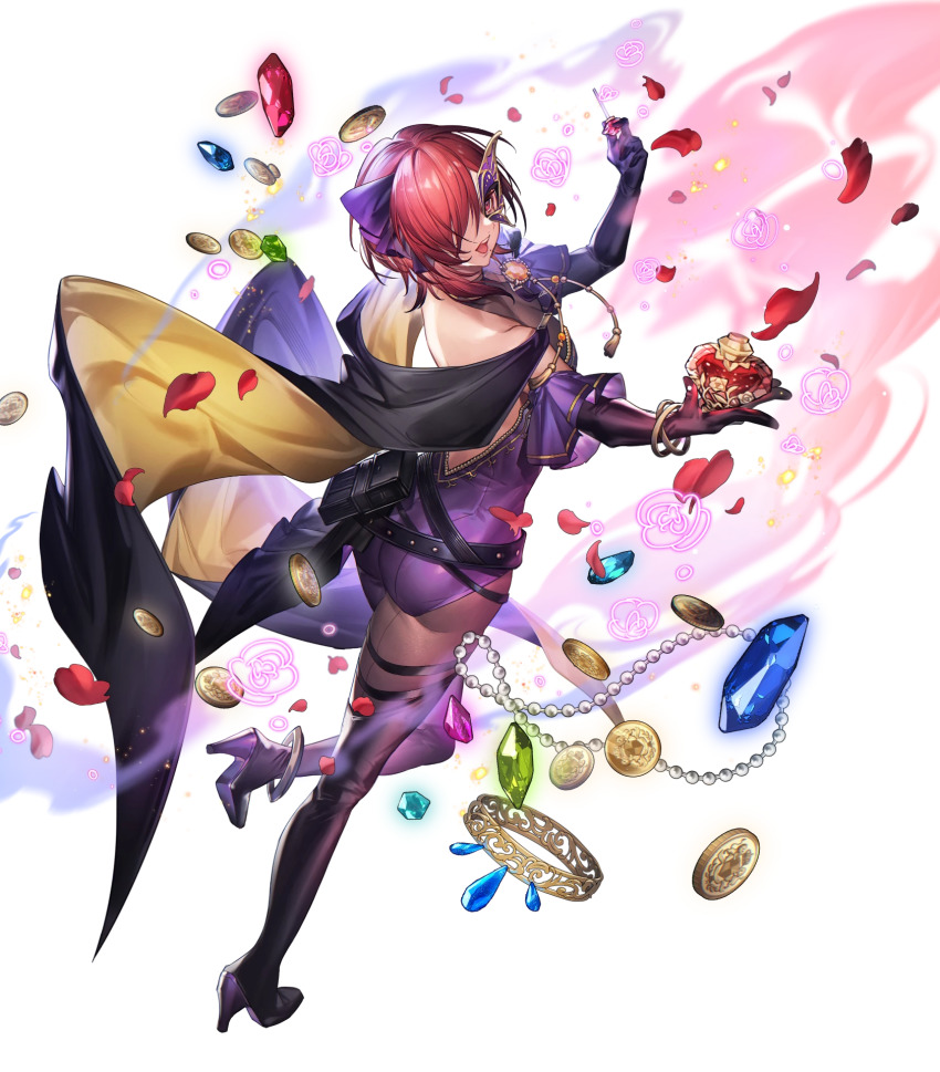 1girl artist_request belt black_gloves black_legwear boots bottle breasts cape coin elbow_gloves female_focus fire_emblem fire_emblem:_the_blazing_blade fire_emblem_heroes full_body gem gloves gold_trim hair_ornament high_heel_boots high_heels highres holding holding_bottle jewelry leila_(fire_emblem) leila_(thief)_(fire_emblem) mask matching_hair/eyes medium_breasts mole mole_under_mouth multiple_belts necklace nintendo non-web_source official_art open_mouth pearl_necklace perfume_bottle petals red_eyes red_hair skin_tight solo thigh_boots transparent_background