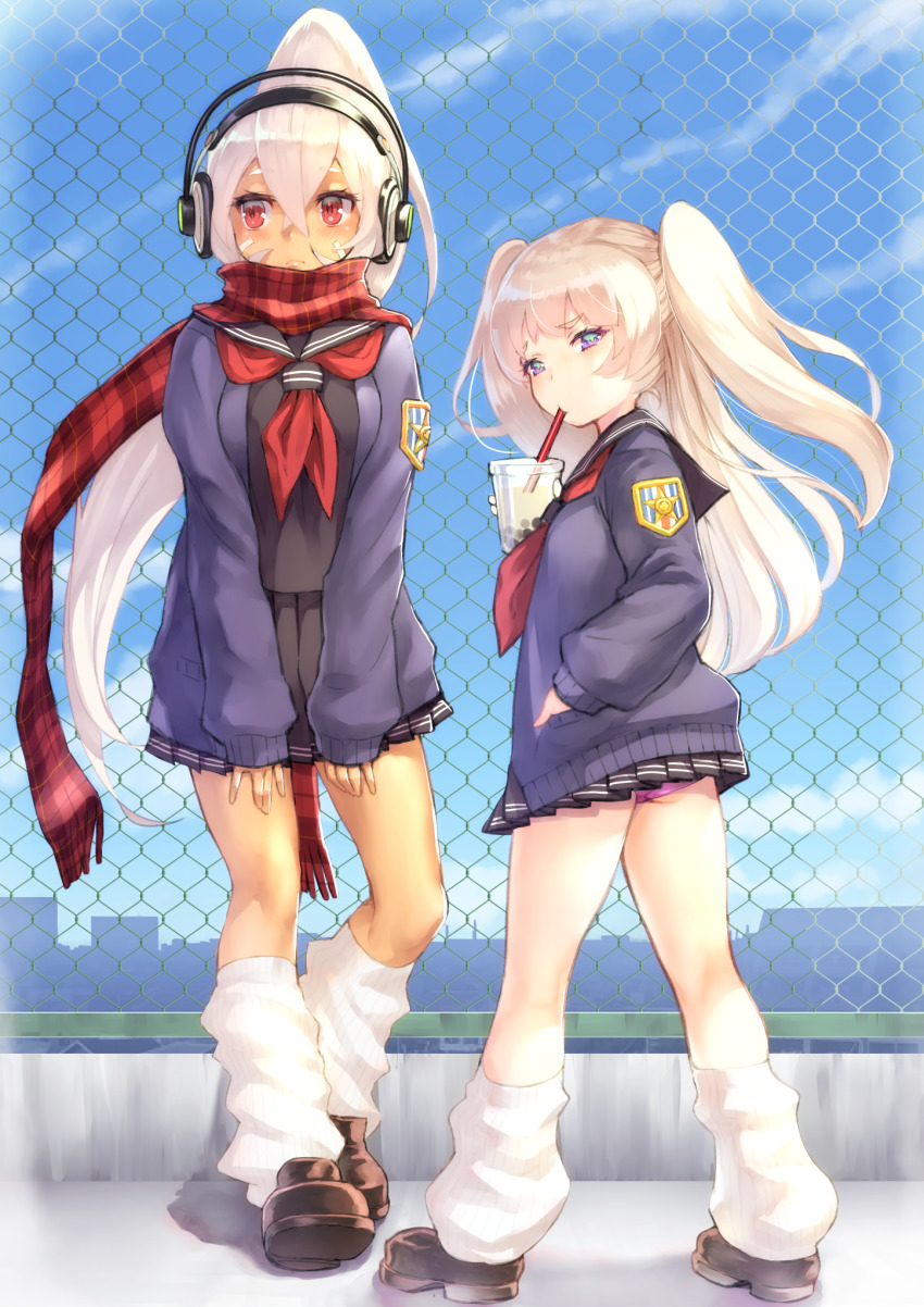 2girls ass azur_lane bache_(azur_lane) black_sailor_collar black_serafuku black_shirt black_skirt blue_cardigan blue_sky blush breasts brown_footwear bubble_tea cardigan chain-link_fence cloud commentary_request cup day disposable_cup drinking_straw eyebrows_hidden_by_hair fence hair_between_eyes headphones high_ponytail highres holding holding_cup kneehighs light_brown_hair loafers long_hair looking_at_viewer looking_away looking_back looking_to_the_side loose_socks medium_breasts minneapolis_(azur_lane) minneapolis_(wild_huntress_schoolgirl)_(azur_lane) multiple_girls neckerchief open_cardigan open_clothes outdoors panties pink_panties plaid_clothes plaid_scarf pleated_skirt ponytail purple_eyes red_eyes red_neckerchief red_scarf rin2008 sailor_collar scarf school_uniform serafuku shirt shoes skirt sky socks standing two_side_up underwear very_long_hair white_hair white_legwear