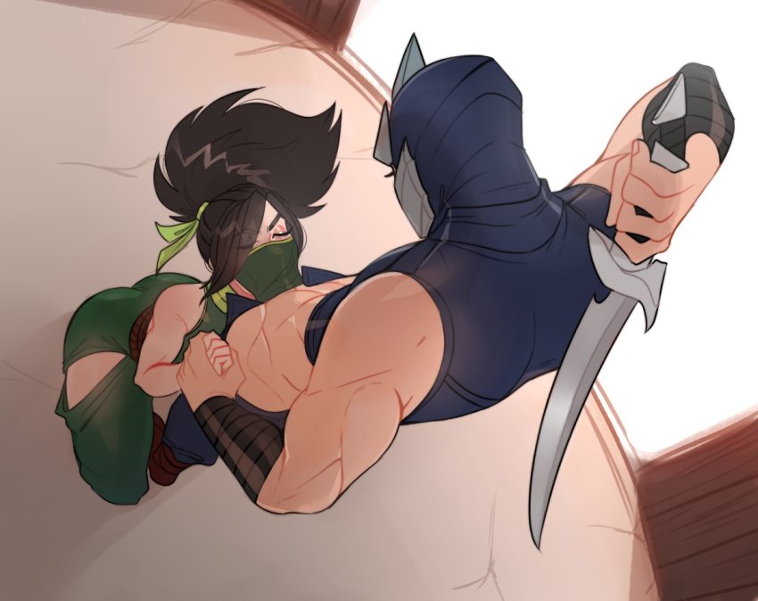 1boy 1girl abs akali bare_arms bare_shoulders black_hair black_pants closed_eyes door facing_up fellatio fellatio_under_mask from_above green_pants green_ribbon hair_ribbon hetero holding holding_behind_back holding_hands holding_knife holding_weapon holding_weapon_behind_back ilwha kneeling knife league_of_legends mask mouth_mask no_tattoo open_door open_pants oral pants ponytail ribbon shen_(league_of_legends) shiny_skin shoes weapon