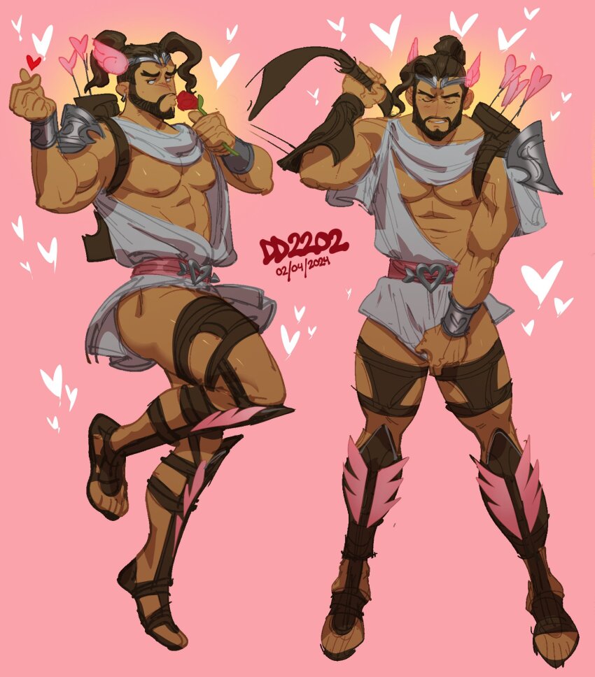 1boy abs ancient_greek_clothes asian ass bara bare_pectorals beard brown_hair covering_crotch covering_privates cupid_hanzo dark-skinned_male dark_skin facial_hair finger_heart flower greco-roman_clothes hanzo_(overwatch) heart heart_background high_ponytail highres large_pectorals looking_at_viewer male_focus mature_male multiple_views muscular muscular_male nipples official_alternate_costume overwatch overwatch_2 pectorals pink_background ponytail rose seansketches skirt_hold standing thick_eyebrows thighs
