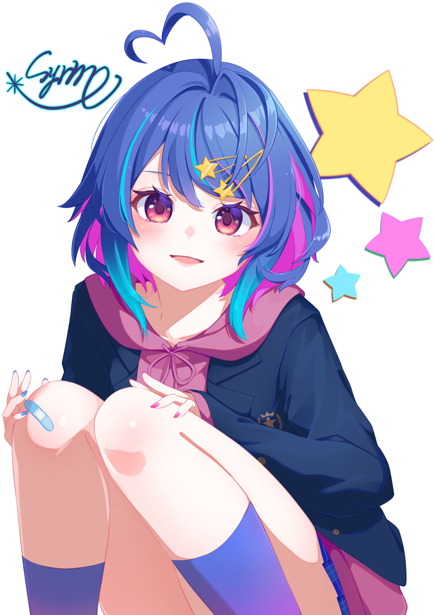 1girl absurdres ahoge alive_musix bandaid bandaid_on_knee bandaid_on_leg black_jacket blazer blue_hair blue_skirt blue_socks blush colored_inner_hair feet_out_of_frame hair_ornament heart heart_ahoge highres hood hood_down hoodie jacket long_hair looking_at_viewer mair_(alive_musix) multicolored_hair nail_polish open_clothes open_jacket open_mouth pink_hair pink_hoodie pink_nails pleated_skirt red_eyes shooting_star_hair_ornament signature skirt smile socks solo squatting star_(symbol) star_hair_ornament streaked_hair virtual_youtuber white_background yunagi_(arukumaruta)