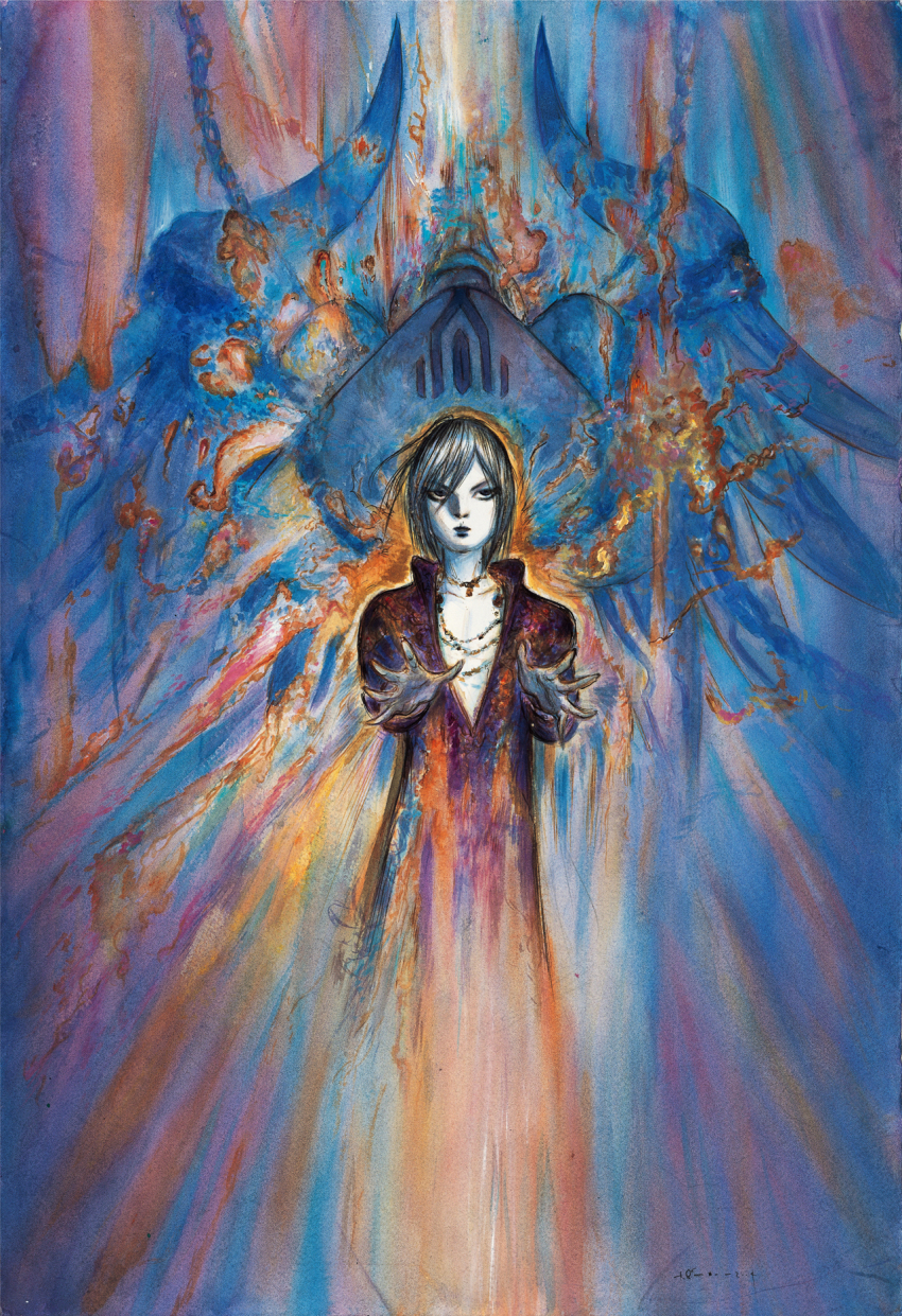 1boy amano_yoshitaka chain collarbone commentary final_fantasy final_fantasy_xi hair_between_eyes highres jewelry necklace official_art outstretched_arms outstretched_hand plunging_neckline promathia_(ff11) second-party_source selh&#039;teus short_hair signature
