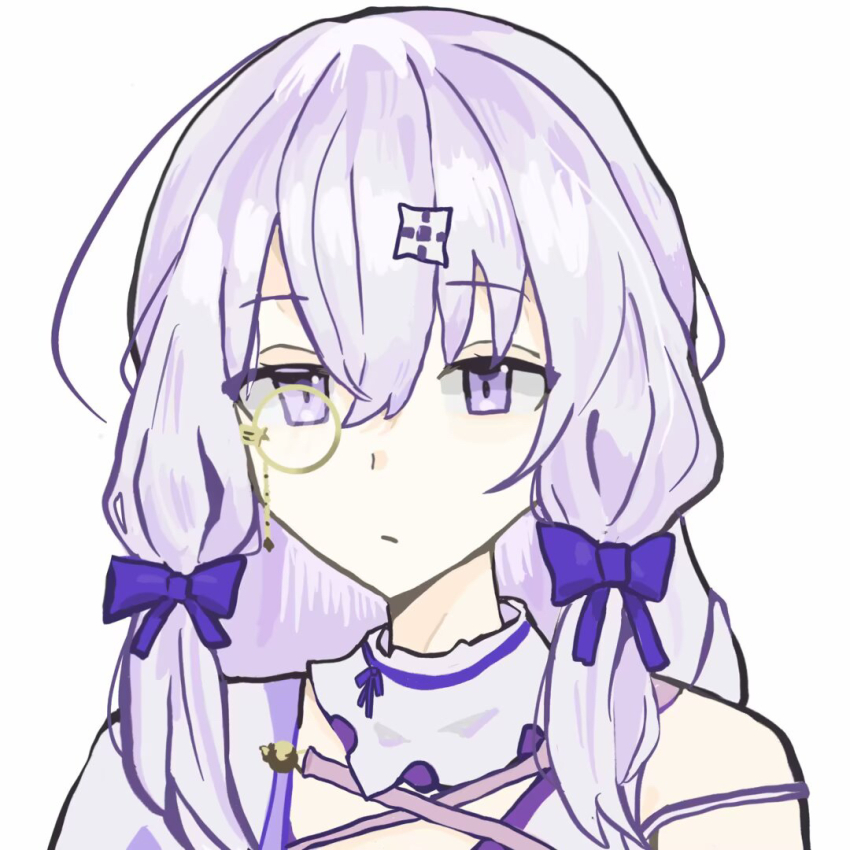 1girl arcaea asalimen bare_shoulders bow braid collar dress expressionless hair_between_eyes hair_ornament jacket lagrange_(arcaea) long_hair monocle portrait purple_bow purple_eyes purple_hair sidelocks single_braid solo twintails white_jacket yellow_dress