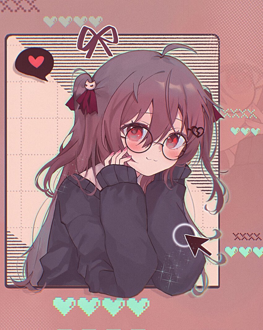1girl ahoge arm_support black_cardigan blush broken_heart_hair_ornament brown_hair cardigan chinese_commentary closed_mouth commentary_request commission cursor dress_shirt evil_neuro-sama from_side glasses hair_between_eyes hair_ornament hair_ribbon heart highres long_hair long_sleeves looking_at_viewer looking_back nail_polish neuro-sama off-shoulder_cardigan pinkpink939 red_eyes red_nails red_ribbon ribbon shirt skull_hair_ornament solo speech_bubble two_side_up upper_body vedal_ai virtual_youtuber white_shirt