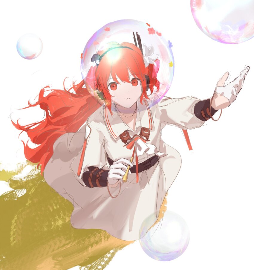 1girl a.i._voice adachi_rei alternate_costume alternate_hair_length alternate_hairstyle arm_up bracer bubble_wand collared_dress colored_shadow dress floating_hair flower foreshortening from_above full_body gloves hair_flower hair_ornament headlamp headphones highres holding long_hair long_sleeves looking_at_viewer looking_up neck_ribbon one_side_up orange_eyes orange_hair parted_lips partially_fingerless_gloves pink_flower pink_ribbon radio_antenna reaching reaching_towards_viewer ribbon rutsubo_(lu2vooo) shadow simple_background soap_bubbles solo standing utau white_background white_dress white_flower