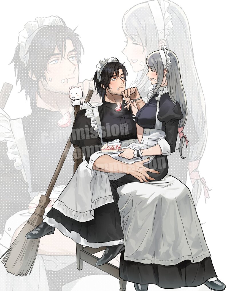 1boy 1girl apron beard_stubble black_dress black_hair black_shoes breasts broom cake chair chewing clive_rosfield closed_eyes couple crossdressing crossdressing_(mtf) dress facial_hair feeding final_fantasy final_fantasy_xvi food food_on_face fork full_body grey_hair hair_between_eyes hair_ribbon hetero highres holding holding_cake holding_food holding_fork holding_plate jill_warrick juliet_sleeves light_blush long_dress long_hair long_sleeves looking_at_another low-tied_long_hair maid maid_apron maid_headdress medium_breasts parted_lips pink_ribbon plate puffy_sleeves ribbon shoes short_hair sitting sitting_on_lap sitting_on_person smile stubble underbust wrist_ribbon ziguck