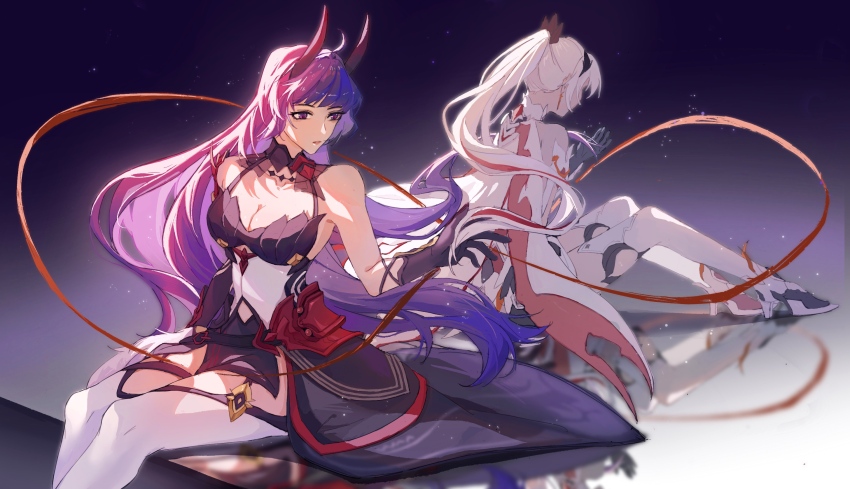 2girls 940869601 demon_horns hair_ornament high_heels highres honkai_(series) honkai_impact_3rd horns kiana_kaslana kiana_kaslana_(herrscher_of_flamescion) long_hair multiple_girls purple_background purple_hair raiden_mei raiden_mei_(herrscher_of_thunder) reflection sitting white_hair