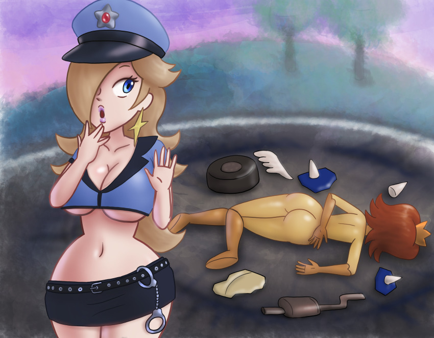 2girls absurdres accident black_shorts blue_eyes blue_top bodysuit breasts brown_hair cleavage crash crown earrings family_guy family_guy_death_pose_(meme) full_body gloves hair_over_one_eye hat highres jeans_shorts jewelry large_breasts looking_at_another mario_(series) mario_kart midriff multiple_girls navel nintendo orange_gloves pink_lips police police_hat police_uniform policewoman princess_daisy purple_clouds rosalina saf-404 shiny_skin shorts sideboob star_(symbol) star_earrings tree underboob worried yellow_bodysuit