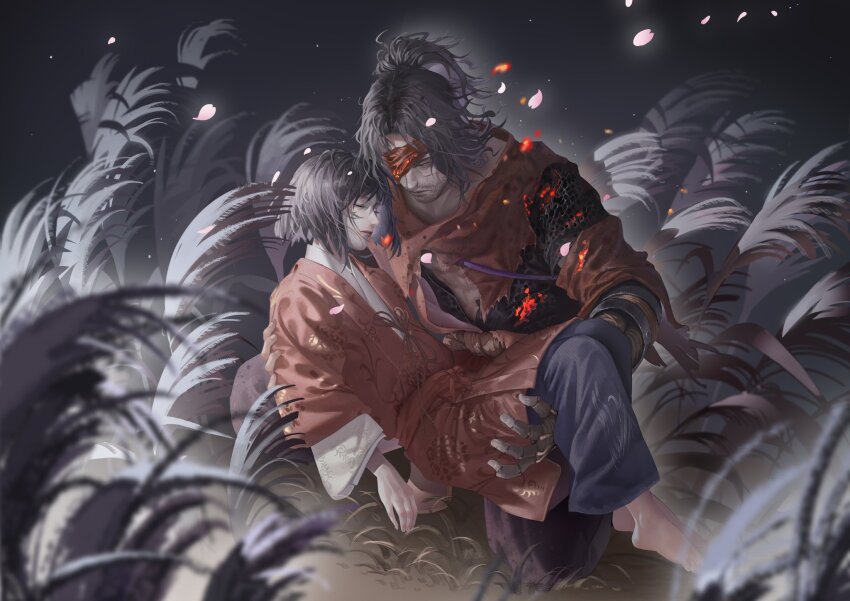 2boys barefoot black_hair carrying carrying_person closed_eyes closed_mouth coat commentary english_commentary eyepatch facial_hair falling_petals grass highres japanese_clothes kimono kuro_the_divine_heir kwiaty_k medium_hair multiple_boys night night_sky ninja one_eye_covered orange_coat petals princess_carry prosthesis prosthetic_arm scarf sekiro sekiro:_shadows_die_twice shura_(sekiro) sky stubble topknot wide_sleeves