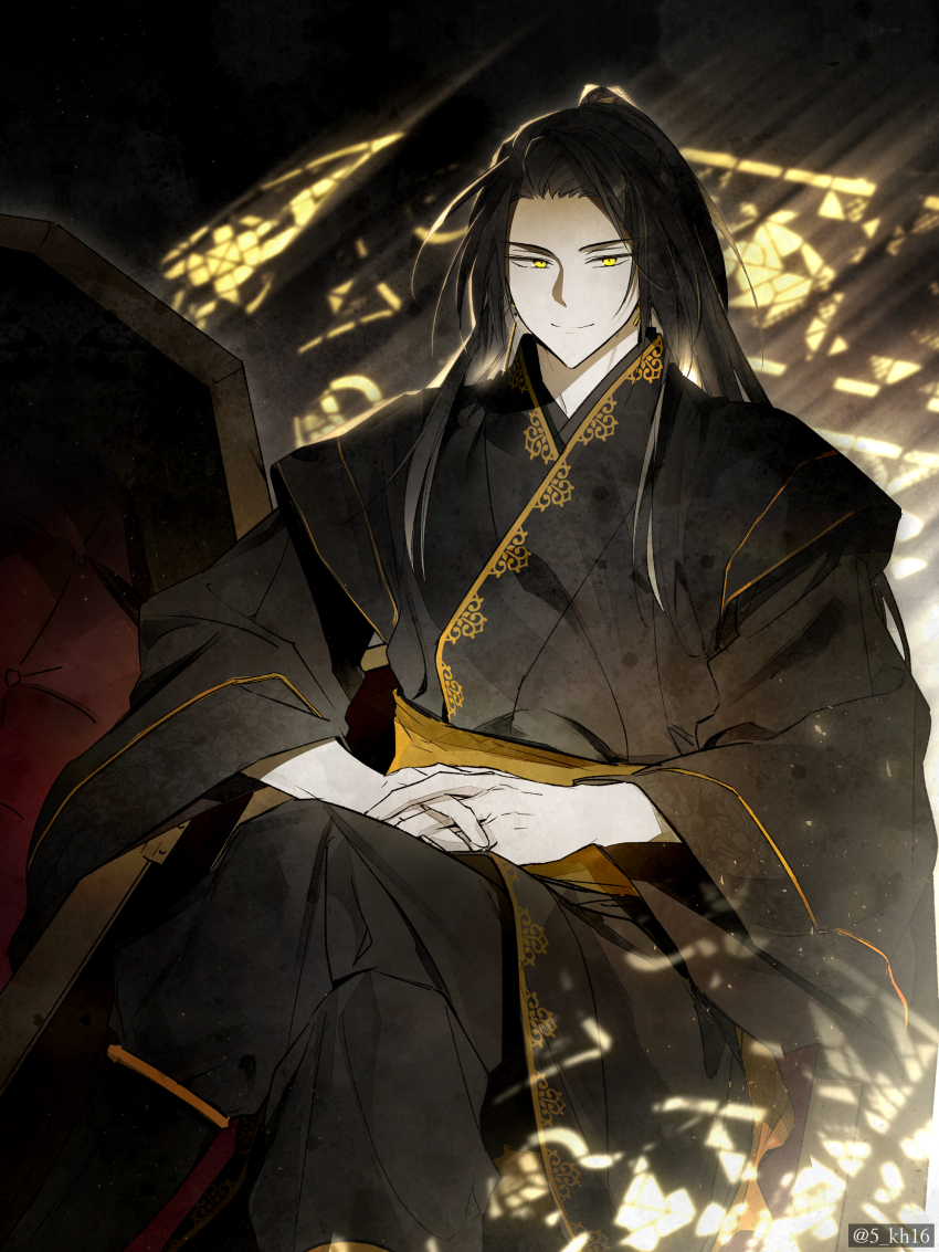 1boy absurdres black_boots black_hair black_hanfu black_pants boots chinese_clothes closed_mouth coffin crossed_legs earrings feet_out_of_frame gold_earrings half_updo halloween hands_on_lap hanfu high_ponytail highres jewelry jinhongi korean_commentary long_hair long_sleeves looking_at_viewer male_focus official_art oh_wolrang pants ponytail sash sitting smile solo twitter_username wide_sleeves window_shadow xiao_guan_(headdress) yellow_eyes yellow_sash zaha