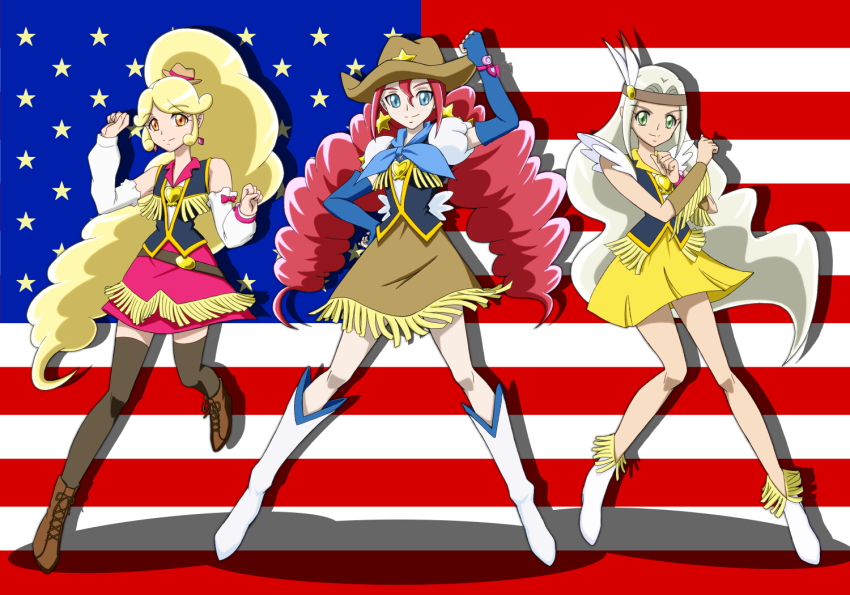 10s 3girls american_flag blonde_hair blonde_haired_cure_(bomber_girls_precure)_(happinesscharge_precure!) blue_eyes boots brooch cowboy_hat cowboy_western detached_sleeves drill_hair earrings eyelashes freckles fringe_trim green_eyes grey_hair grey_haired_cure_(bomber_girls_precure)_(happinesscharge_precure!) happinesscharge_precure! happy hat heart heart_brooch jewelry looking_at_viewer magical_girl moritakusan multiple_girls orange_eyes ponytail precure red_hair red_haired_cure_(bomber_girls_precure)_(happinesscharge_precure!) shirt skirt smile standing thighhighs thighs twintails vest wrist_cuffs