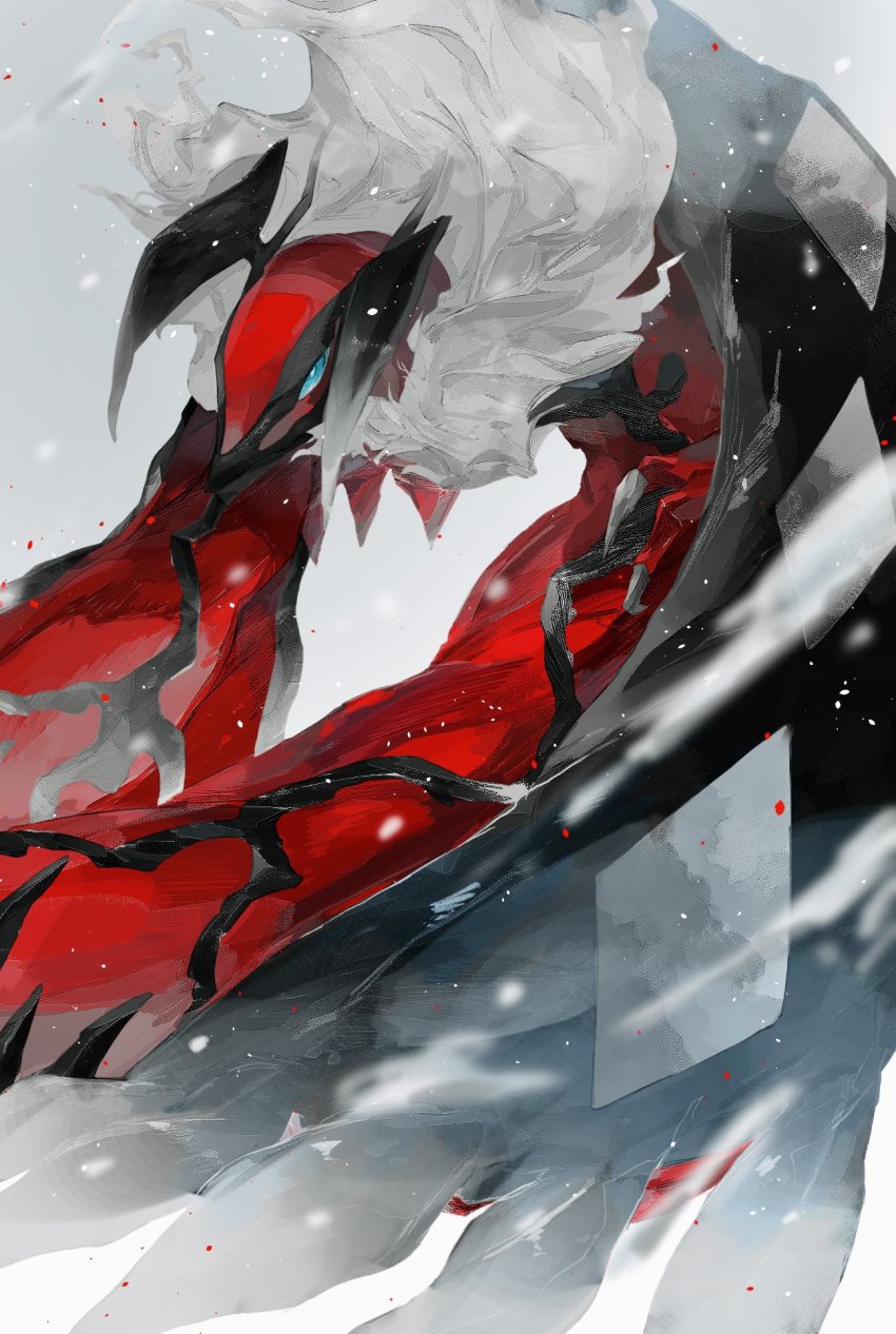 animal_focus aqua_eyes bright_pupils from_side gen_6_pokemon grey_background highres horns legendary_pokemon looking_at_viewer nintendo no_humans pokemon pokemon_(creature) snowing solo tugu_pi yveltal