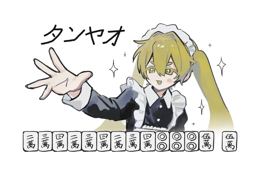 +_+ 1girl :3 apron colored_mouth colored_tongue green_eyes green_tongue hair_intakes highres iwonu long_hair long_sleeves mahjong mahjong_tile maid maid_headdress open_mouth original outstretched_arm simple_background sleeve_cuffs smile solo sparkle thick_eyebrows translation_request twintails white_background