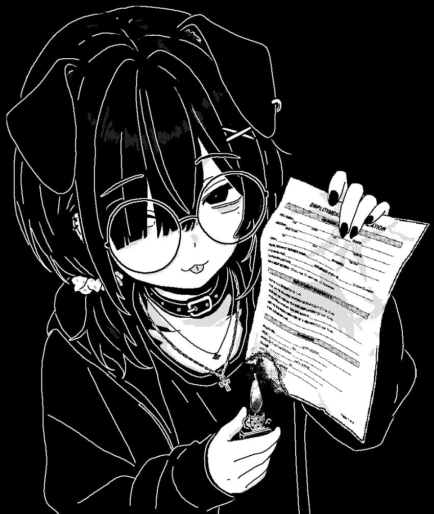 1girl animal_collar animal_ears burning burning_paper chain chain_necklace collar cross cross_necklace dog_ears hair_over_one_eye highres holding holding_lighter holding_paper hood hood_down hoodie jewelry job_application_form_(meme) lighter looking_at_viewer meme mole mole_under_eye monochrome necklace original paper puriririririri round_eyewear sleeves_past_wrists solo tongue tongue_out